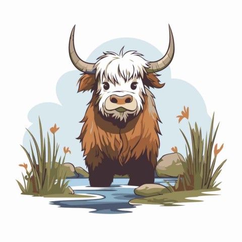 Yak on the river bank. Vector illustration in cartoon style.