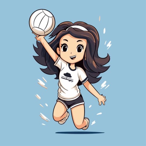 Illustration of a little girl playing volleyball on a blue backg