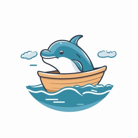 Cute cartoon dolphin in a boat. Vector illustration of a dolphin