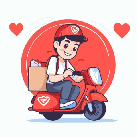 Courier on scooter delivering a package. Vector illustration.