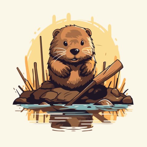 Cute otter with a wooden stick in the water. Vector illustration