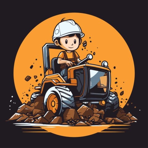 Illustration of a boy driving a tractor on the rocks. Vector ill