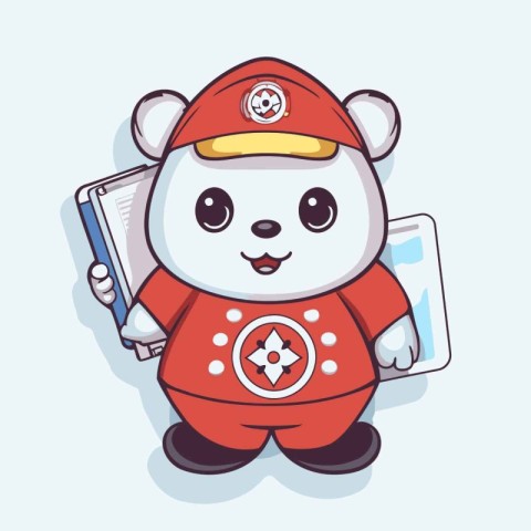 Panda in a red uniform with a book and a smartphone.