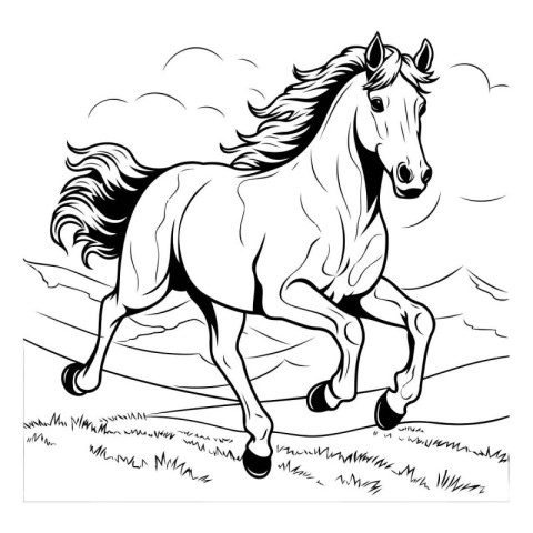 Horse running in the field. black and white vector illustration.