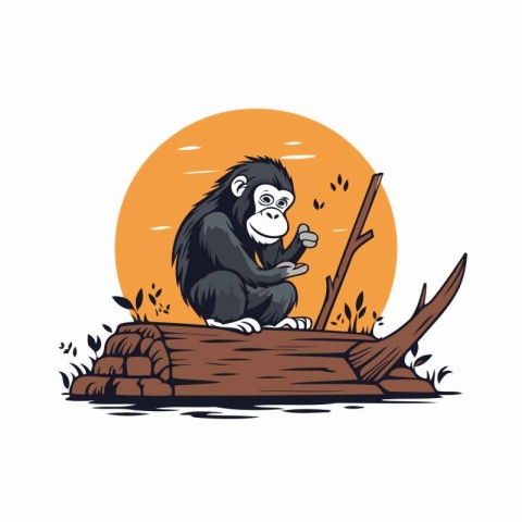 Chimpanzee sitting on a wooden log. Vector illustration.