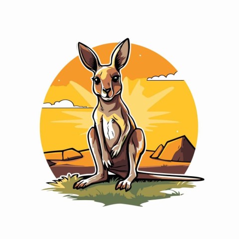 Kangaroo on the meadow at sunset. Vector illustration.