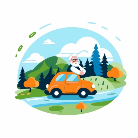 Elderly man driving a car in the forest. Vector illustration