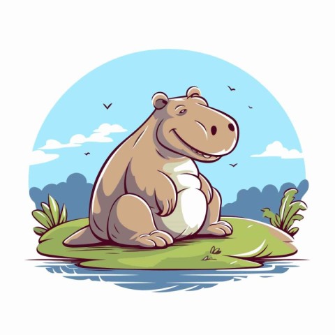 Hippopotamus sitting on the grass. Vector illustration in cartoo