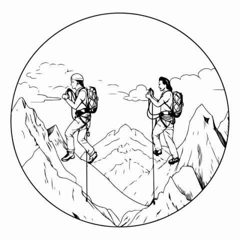 Hiking in the mountains. Black and white vector illustration of