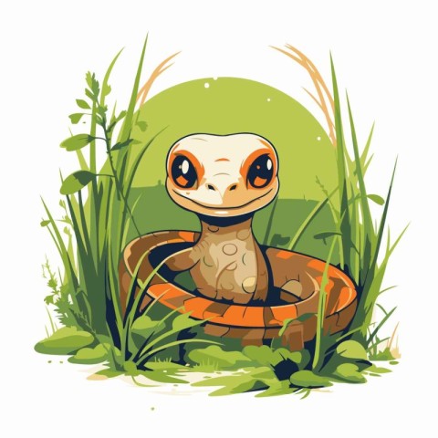 Cute cartoon snake in a basket of grass. Vector illustration.