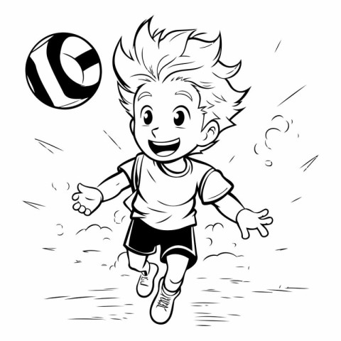 Black and White Cartoon Illustration of a Boy Playing Volleyball