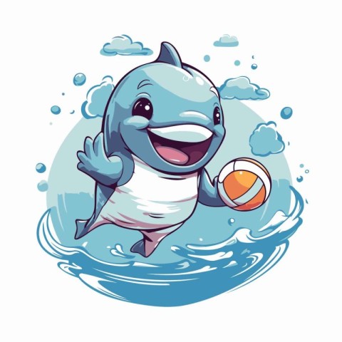 Illustration of a cute cartoon dolphin playing with a ball in th