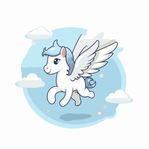 Cute white unicorn with wings flying in the sky. Vector illustra