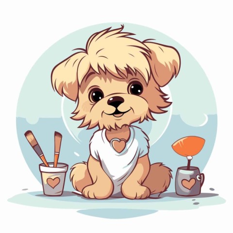 Cute cartoon puppy with a cup of coffee. Vector illustration.