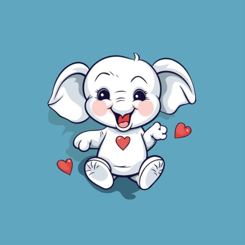 Cute white elephant with hearts on blue background. Vector illus