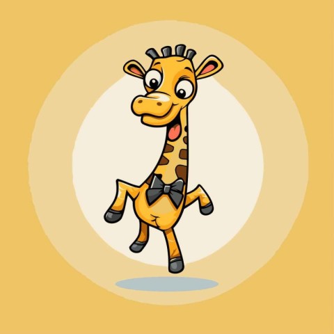 Cute cartoon giraffe jumping on yellow background. Vector illust