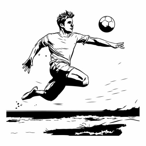 Soccer player jumping with ball. Black and white vector illustra