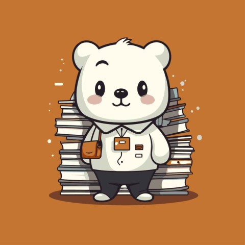 Polar bear cartoon character with stack of books. Vector illustr