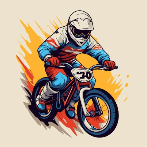 Vector illustration of a motocross rider in helmet riding a bicy
