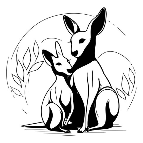 Black and white vector illustration of a kangaroo and a fox