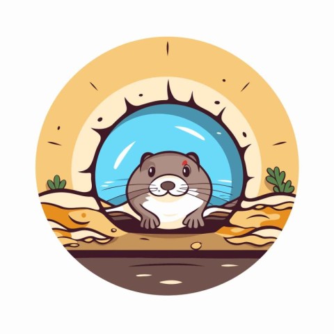 Cute otter in the hole. Vector illustration in cartoon style.