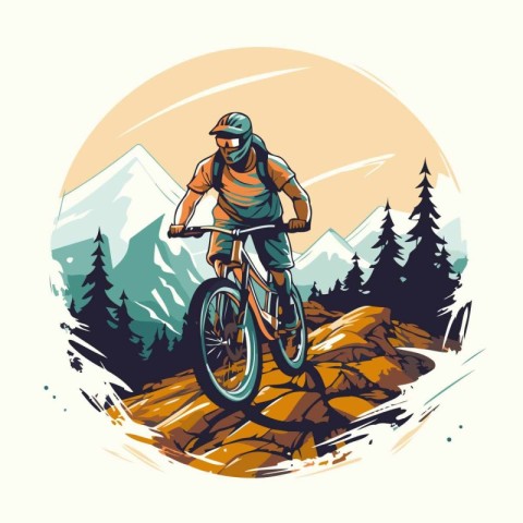 Mountain biker on the road. Vector illustration in retro style.