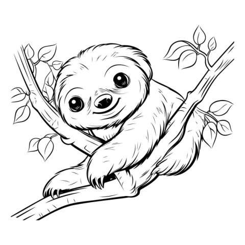 Cute cartoon sloth on a tree branch. Vector illustration.