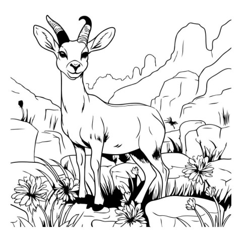 Vector image of a goat in the mountains. Black and white illustr