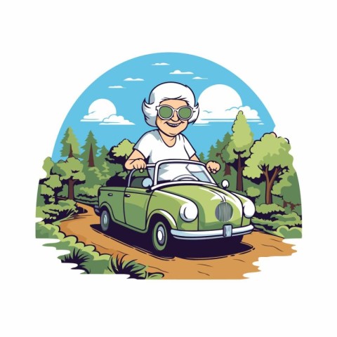 old man driving a vintage car in the landscape vector illustrati