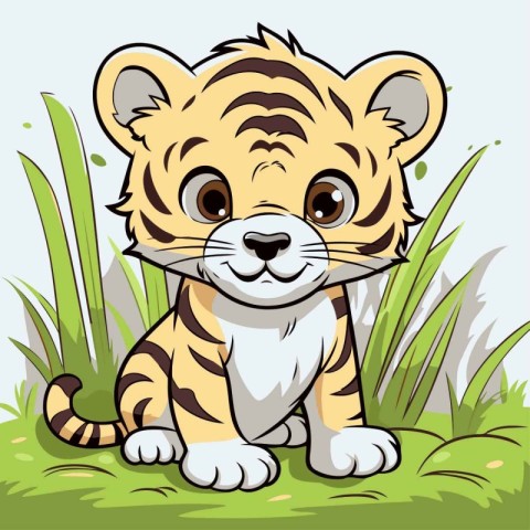 Cute tiger sitting in the grass. Vector illustration of a tiger.