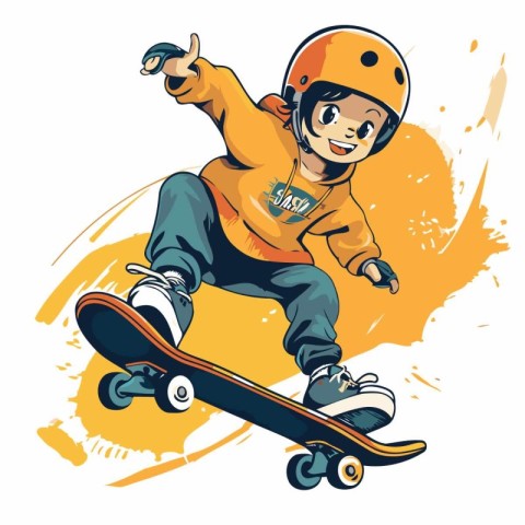 Vector illustration of a boy in a helmet riding a skateboard.