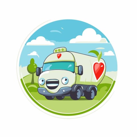 Cute cartoon truck with apple in the hand. Vector illustration.