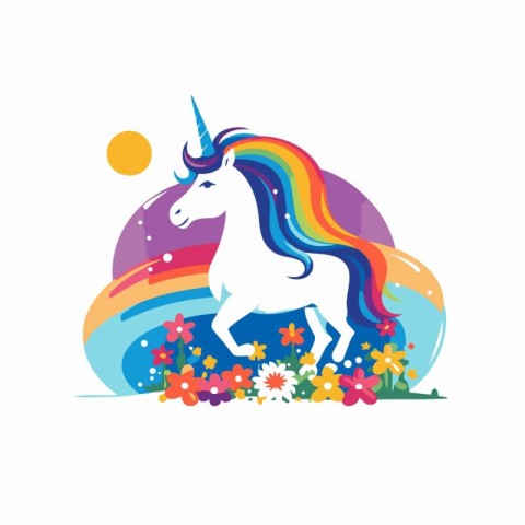 Unicorn with rainbow and flowers. Vector illustration in flat st