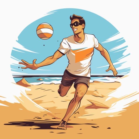 Handsome young man playing volleyball on the beach. Vector illus