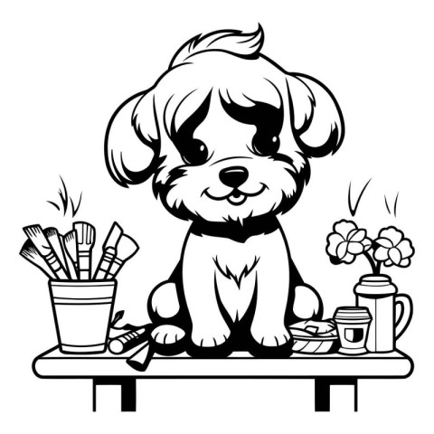 Cute dog in the grooming salon. Black and white vector illustrat