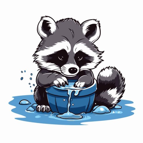 Cute raccoon drinking water from a bucket. Vector illustration.