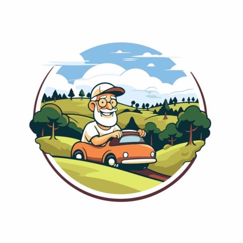 Cartoon old man driving a car in the forest. Vector illustration