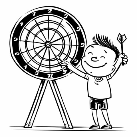 Cartoon Illustration of Kid Boy Holding Arrow and Dart Board for