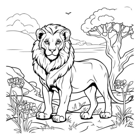 Lion in the wild. Black and white vector illustration for colori