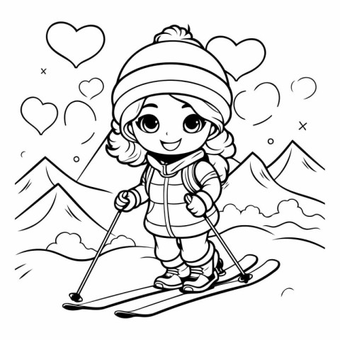 Black and White Cartoon Illustration of Cute Little Girl Skier C