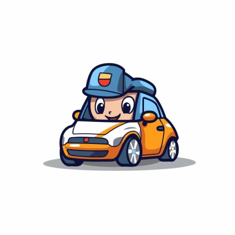 Cute little boy driving his car. Cartoon style vector illustrati