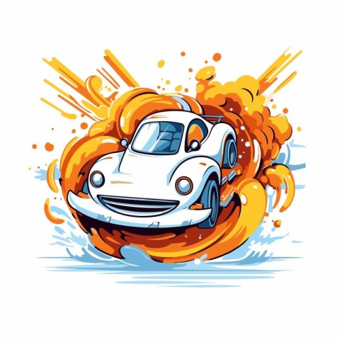 Retro car on fire. Vector illustration on a white background.