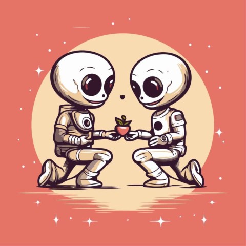 Cute cartoon panda and alien are eating ice cream. Vector illust