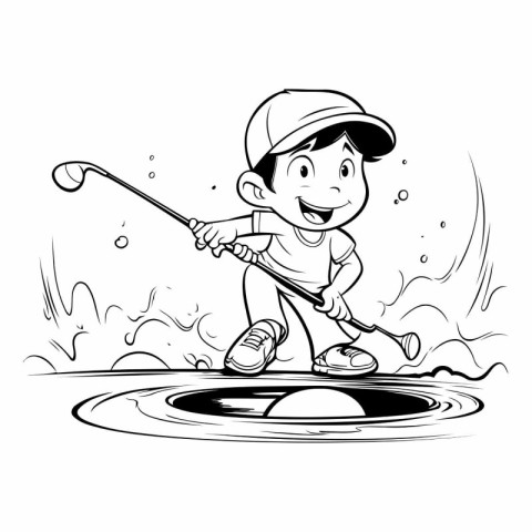 Boy playing golf on the beach. Black and white vector illustrati