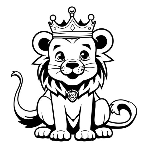 Lion with crown. Black and white vector illustration for colorin