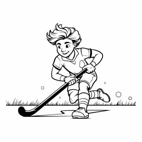 Illustration of a boy playing hockey on the field. Vector illust