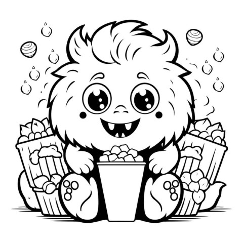 Cute Cartoon Monster with Popcorn and Popcorn. Vector illustrati