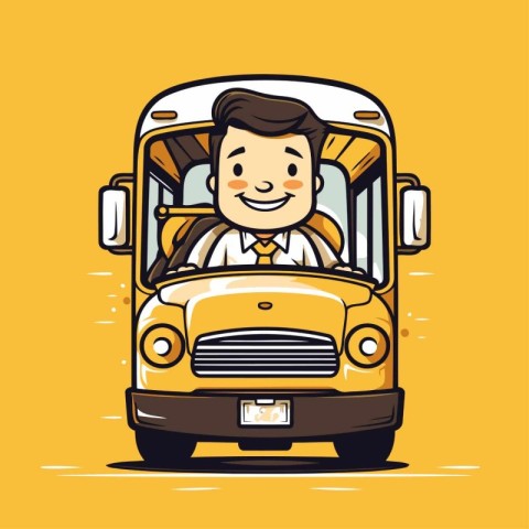 Cartoon school bus driver smiling and looking at camera. Vector