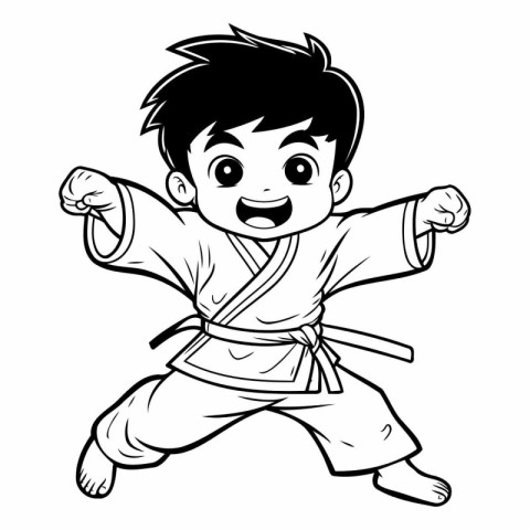 Karate Boy - Black and White Cartoon Illustration. Isolated on W