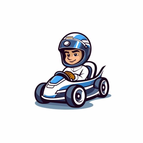 Cartoon boy driving a race car. Vector illustration on white bac